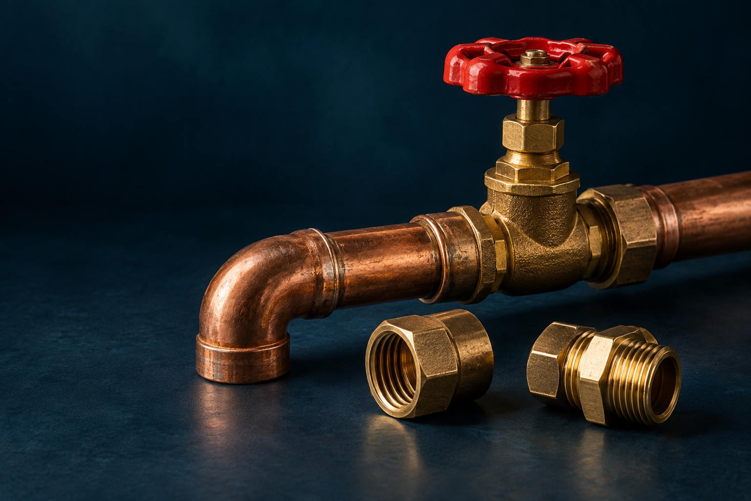 Original industrial still life of a brass valve and copper pipe